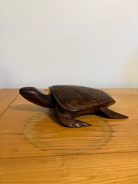 Vintage Handcrafted Dark Brown Wood Turtle Sculpture - Home Accents